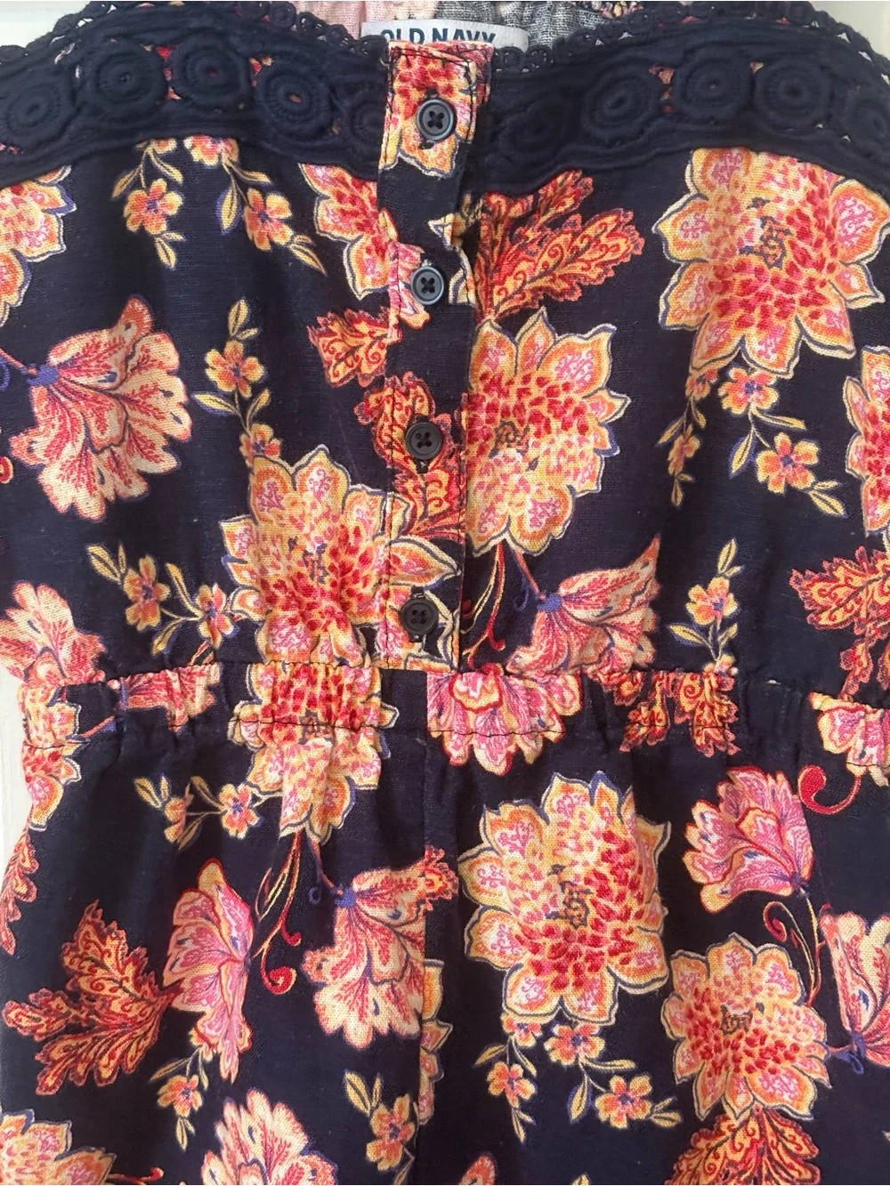 Old Navy Navy Floral Girls' One-Piece Romper with Pink and Coral Flowers